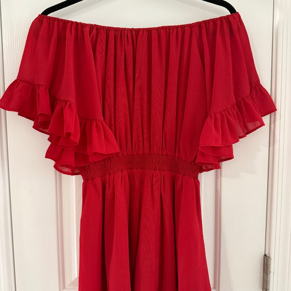 Red Off the Shoulder ruffle Romper